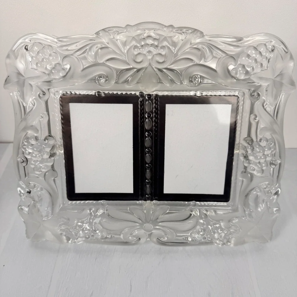 Mikasa Crystal Floral/Grapes Picture Frame Duet Double Photos Vintage Tabletop